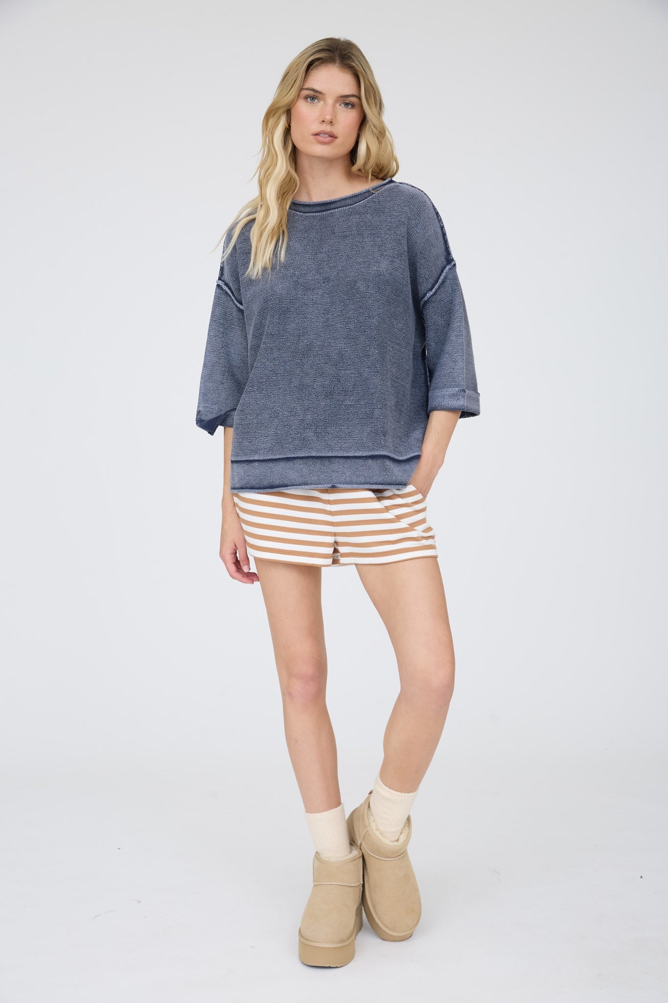 Washed Inverted Seam Short Sleeve Sweatshirt - Navy