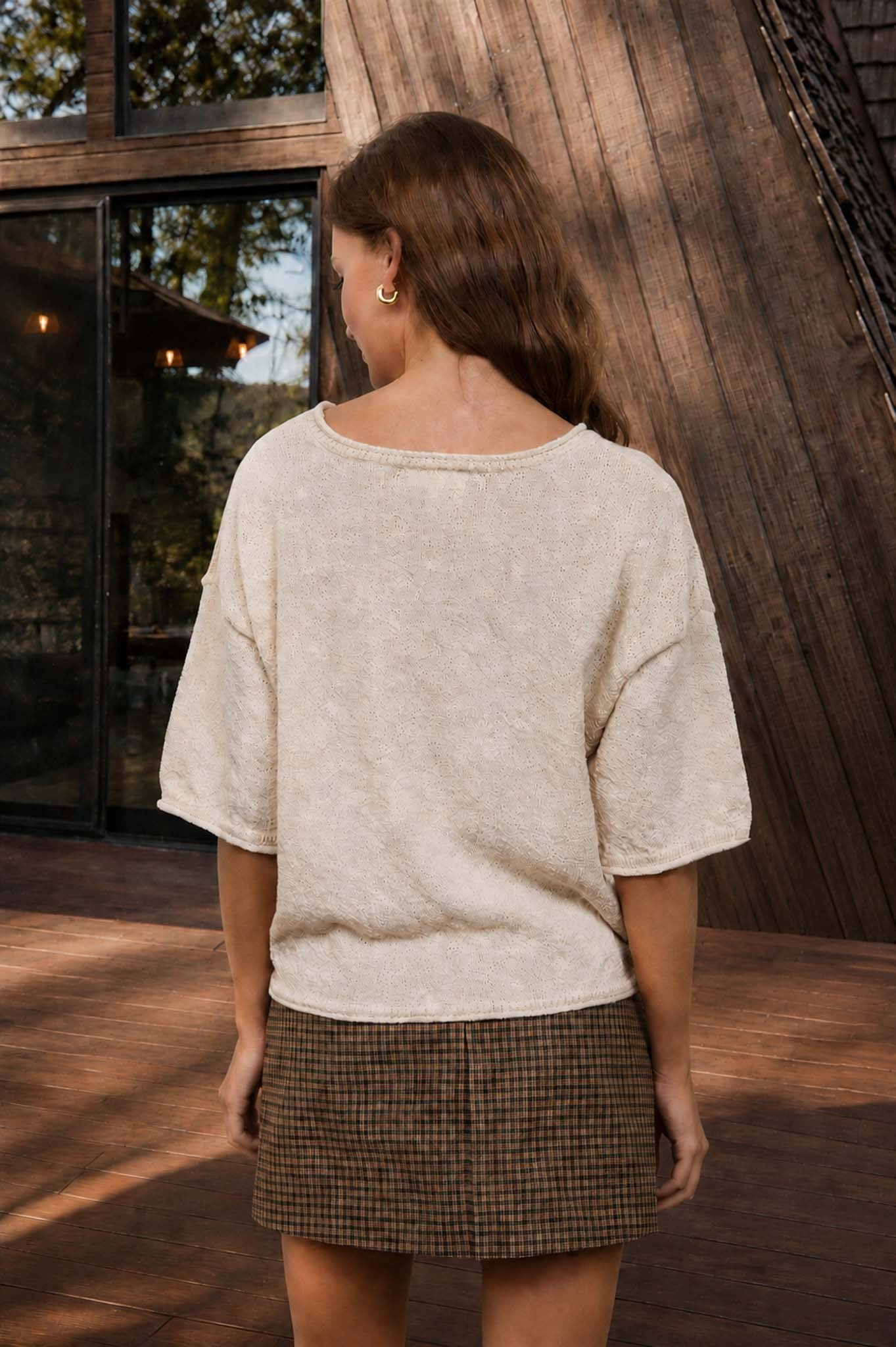 Raw Edge Boxy Short Sleeve Knit Sweater - Oatmeal