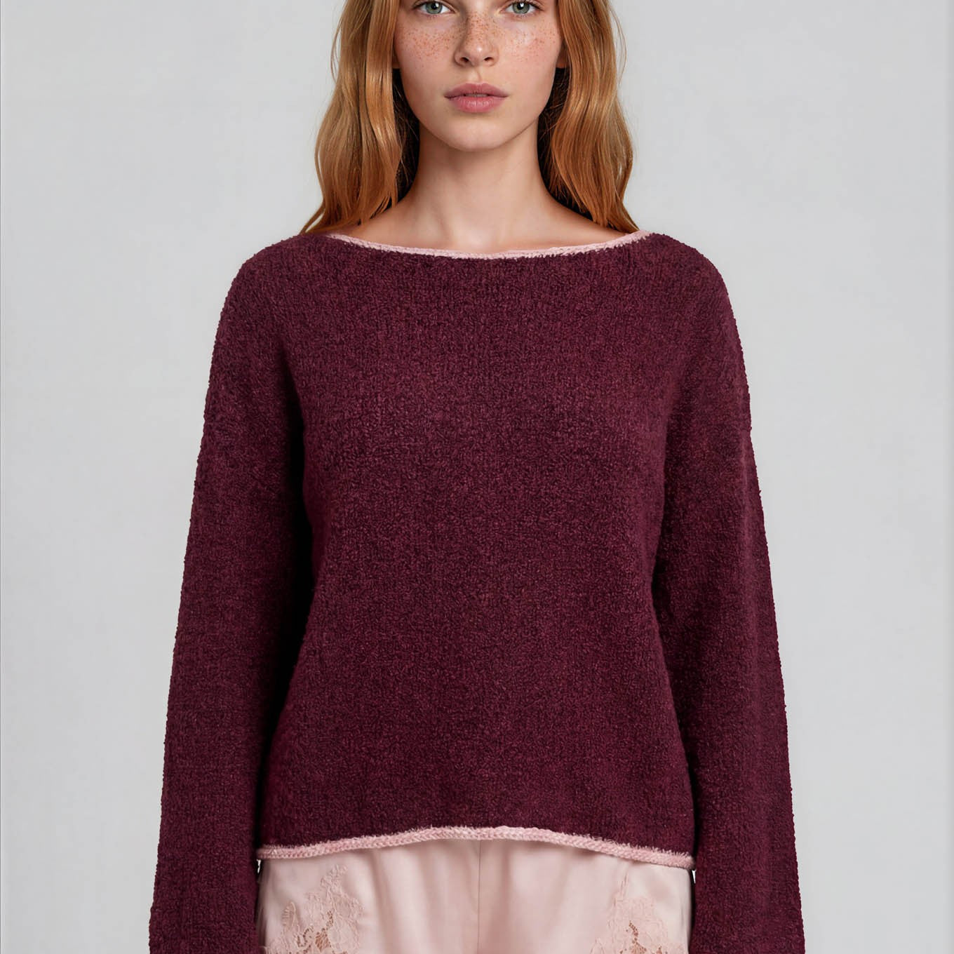 Boat Neck Contrast Trim Long Sleeve Knit Sweater - Burgundy
