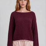 Boat Neck Contrast Trim Long Sleeve Knit Sweater - Burgundy