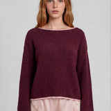 Boat Neck Contrast Trim Long Sleeve Knit Sweater - Burgundy