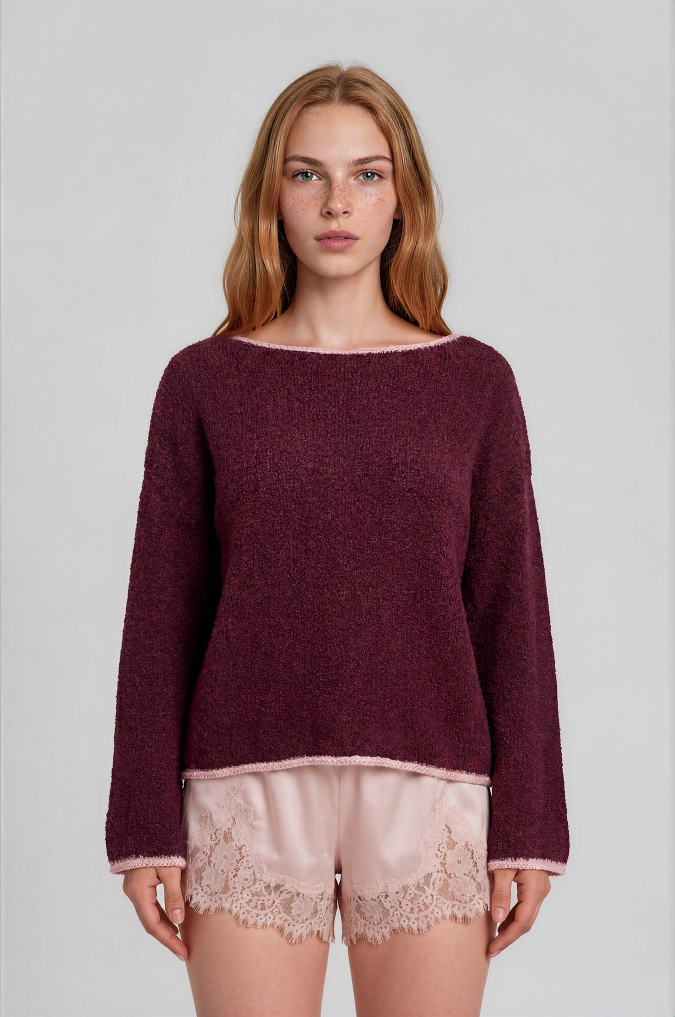 Boat Neck Contrast Trim Long Sleeve Knit Sweater - Burgundy