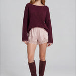 Boat Neck Contrast Trim Long Sleeve Knit Sweater - Burgundy