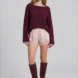 Boat Neck Contrast Trim Long Sleeve Knit Sweater - Burgundy