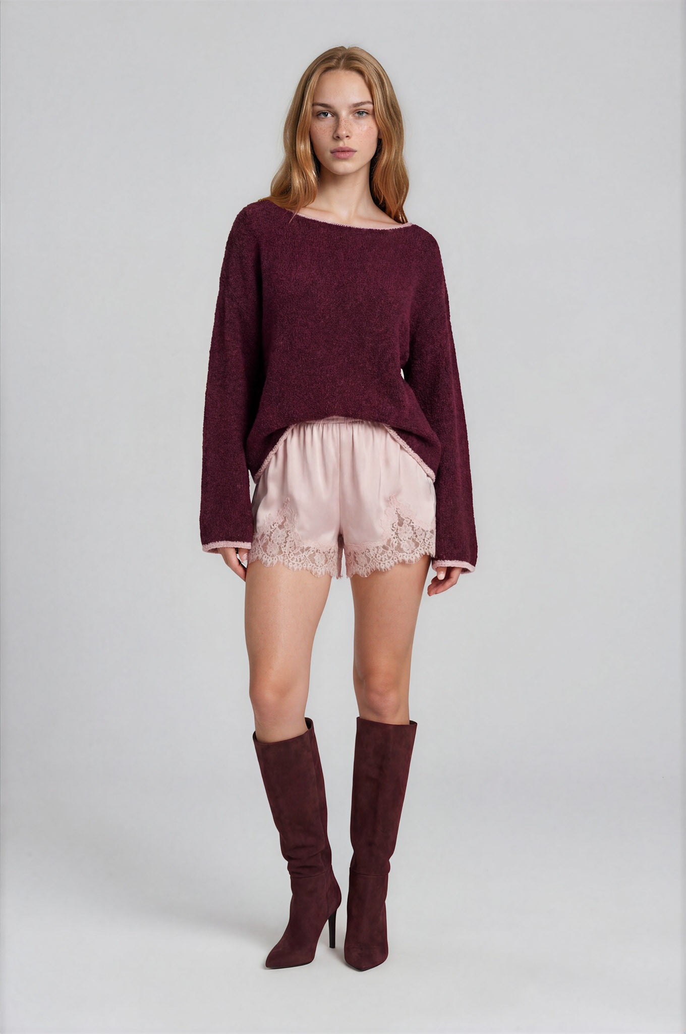 Boat Neck Contrast Trim Long Sleeve Knit Sweater - Burgundy