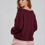 Boat Neck Contrast Trim Long Sleeve Knit Sweater - Burgundy