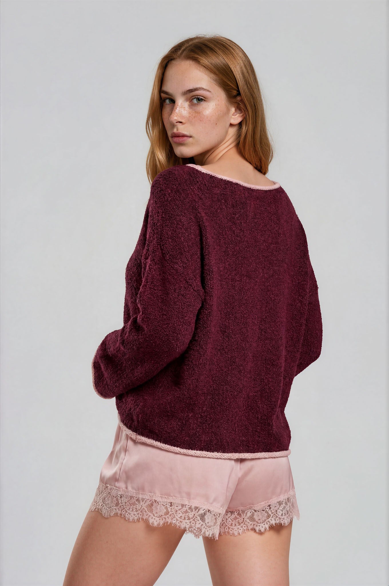 Boat Neck Contrast Trim Long Sleeve Knit Sweater - Burgundy