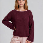 Boat Neck Contrast Trim Long Sleeve Knit Sweater - Burgundy