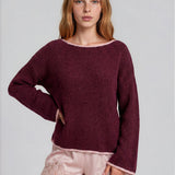 Boat Neck Contrast Trim Long Sleeve Knit Sweater - Burgundy