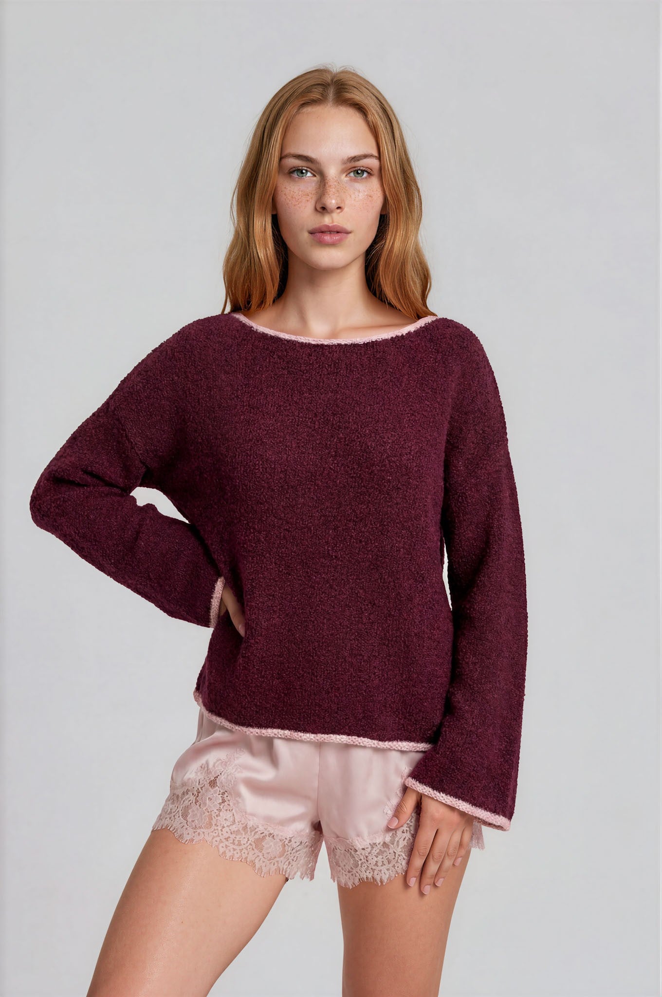 Boat Neck Contrast Trim Long Sleeve Knit Sweater - Burgundy