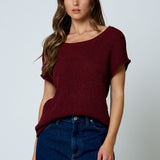 Crew Neck Raw Sleeve Relaxed Sweater Knit Top - Burgundy