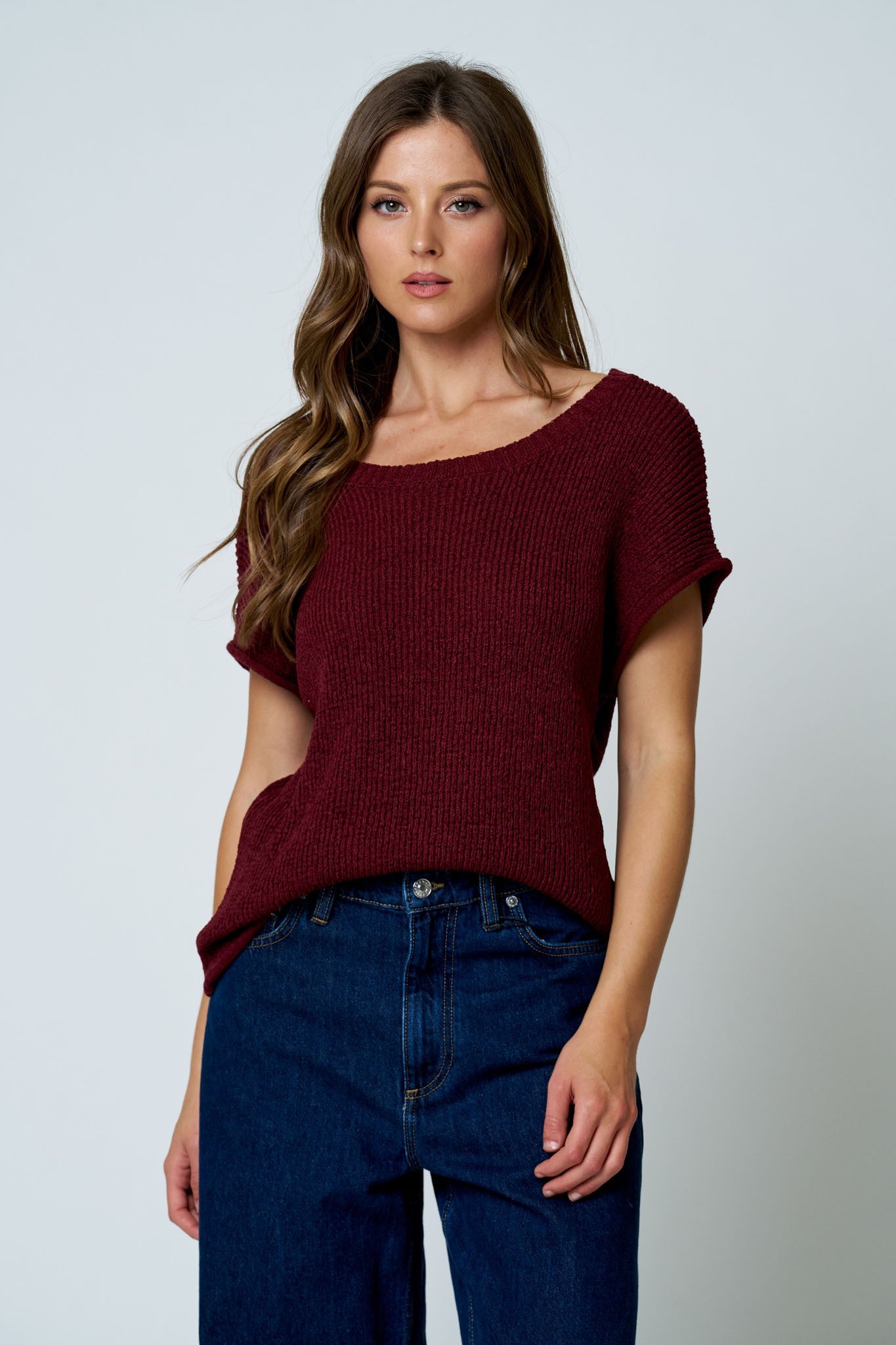 Crew Neck Raw Sleeve Relaxed Sweater Knit Top - Burgundy