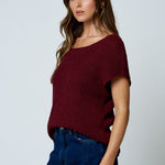 Crew Neck Raw Sleeve Relaxed Sweater Knit Top - Burgundy