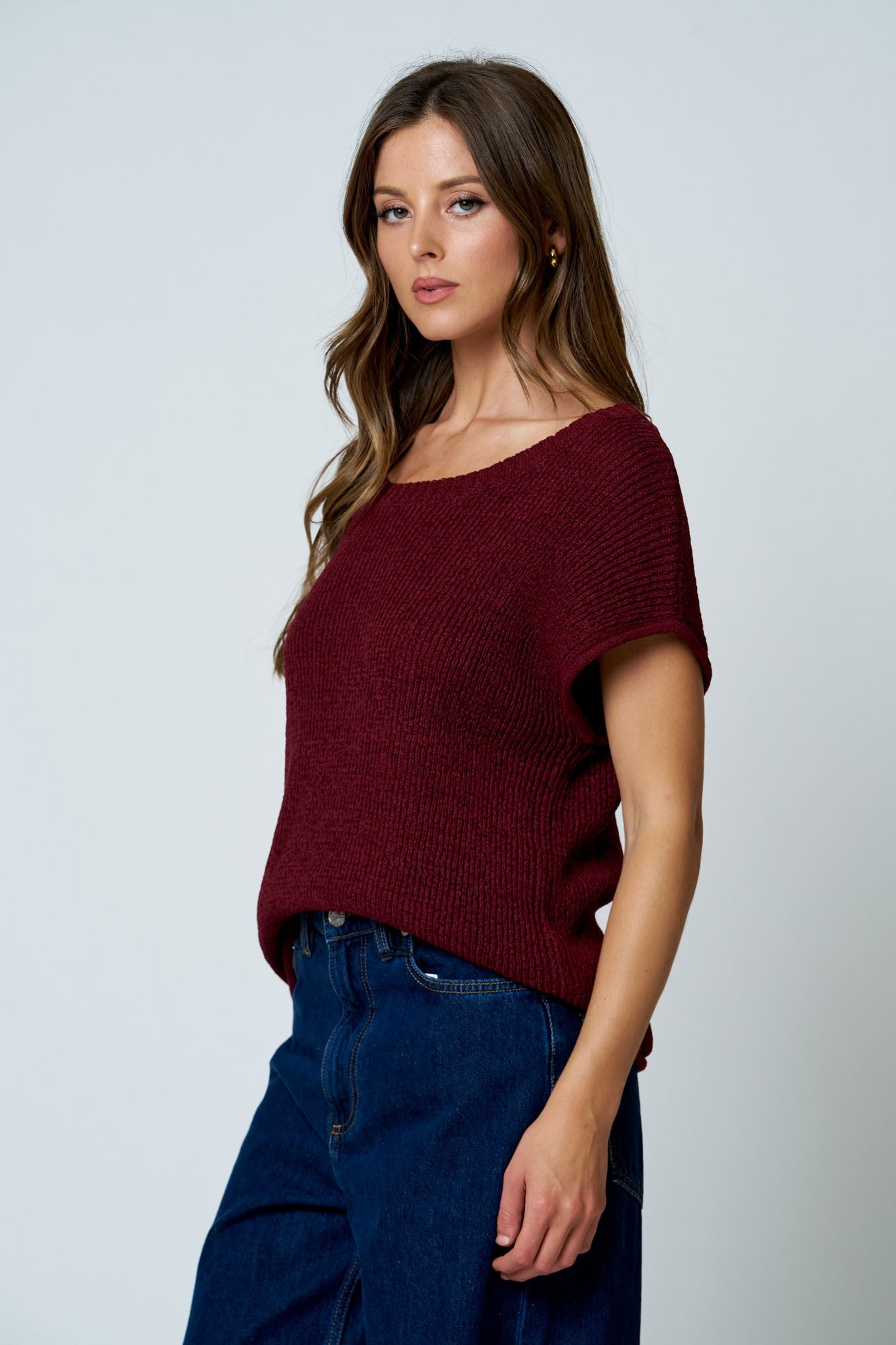 Crew Neck Raw Sleeve Relaxed Sweater Knit Top - Burgundy