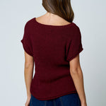 Crew Neck Raw Sleeve Relaxed Sweater Knit Top - Burgundy
