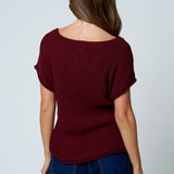 Crew Neck Raw Sleeve Relaxed Sweater Knit Top - Burgundy