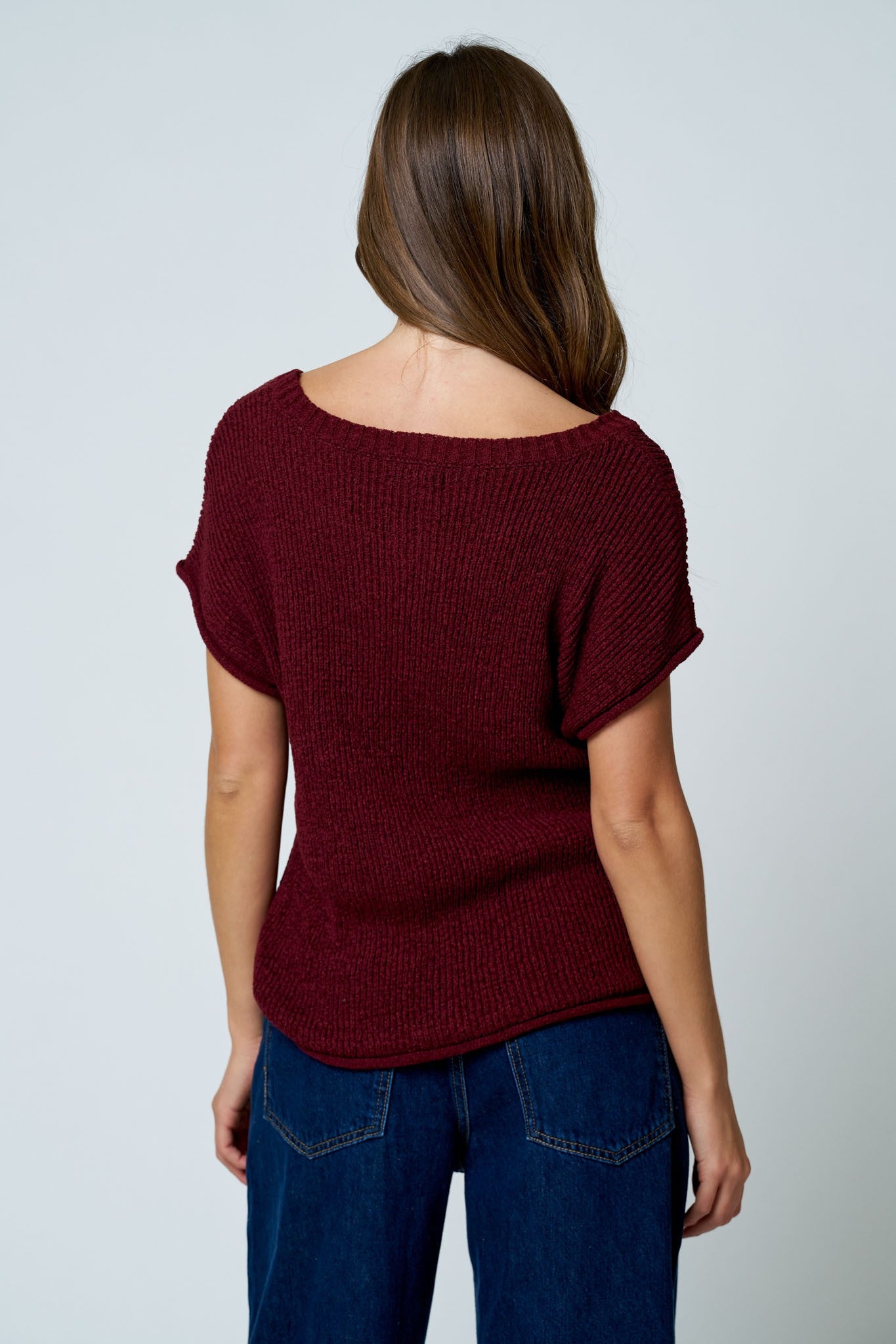 Crew Neck Raw Sleeve Relaxed Sweater Knit Top - Burgundy