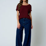 Crew Neck Raw Sleeve Relaxed Sweater Knit Top - Burgundy