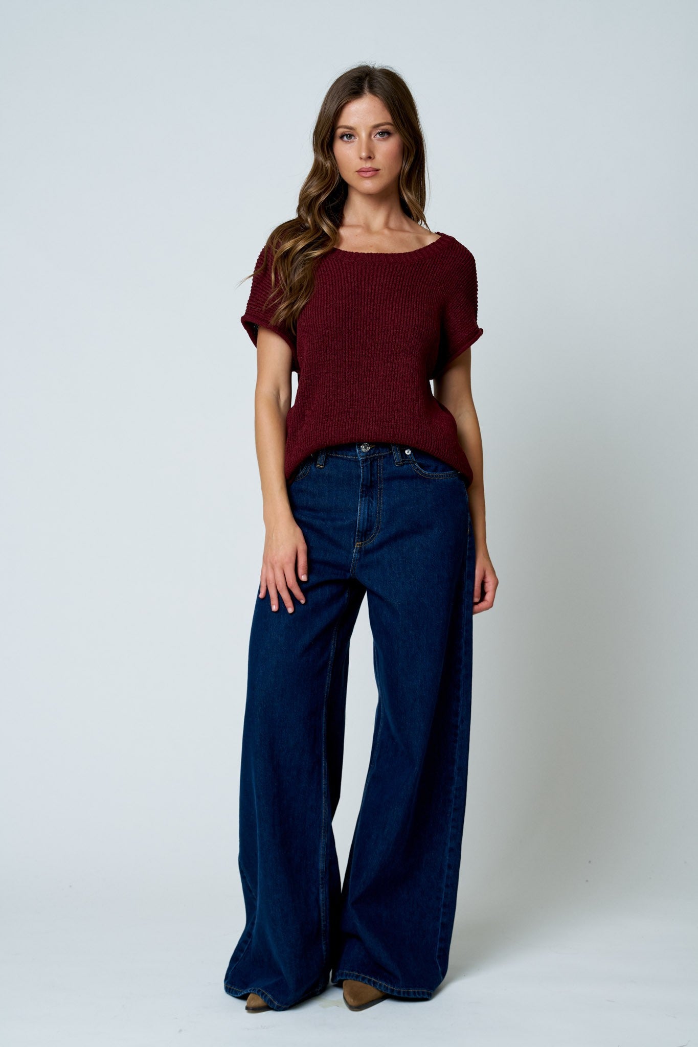 Crew Neck Raw Sleeve Relaxed Sweater Knit Top - Burgundy