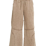 Washed French terry wide-leg flare pant with drawstring waist and exposed seam detail