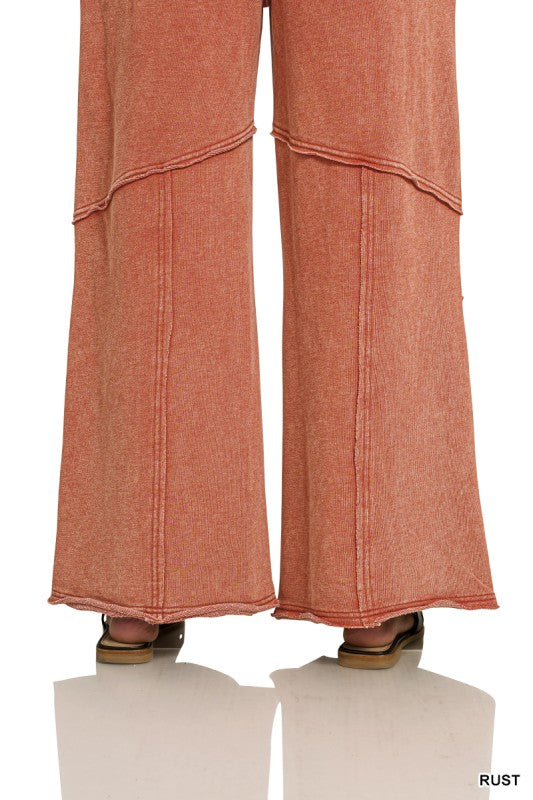 Full length view of washed French terry wide-leg flare pant