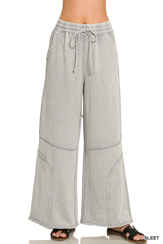 Ribbed texture detail of washed French terry flare pant