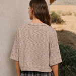Marled Button Down Short Sleeve Raw Edge Knit Top - Light Taupe