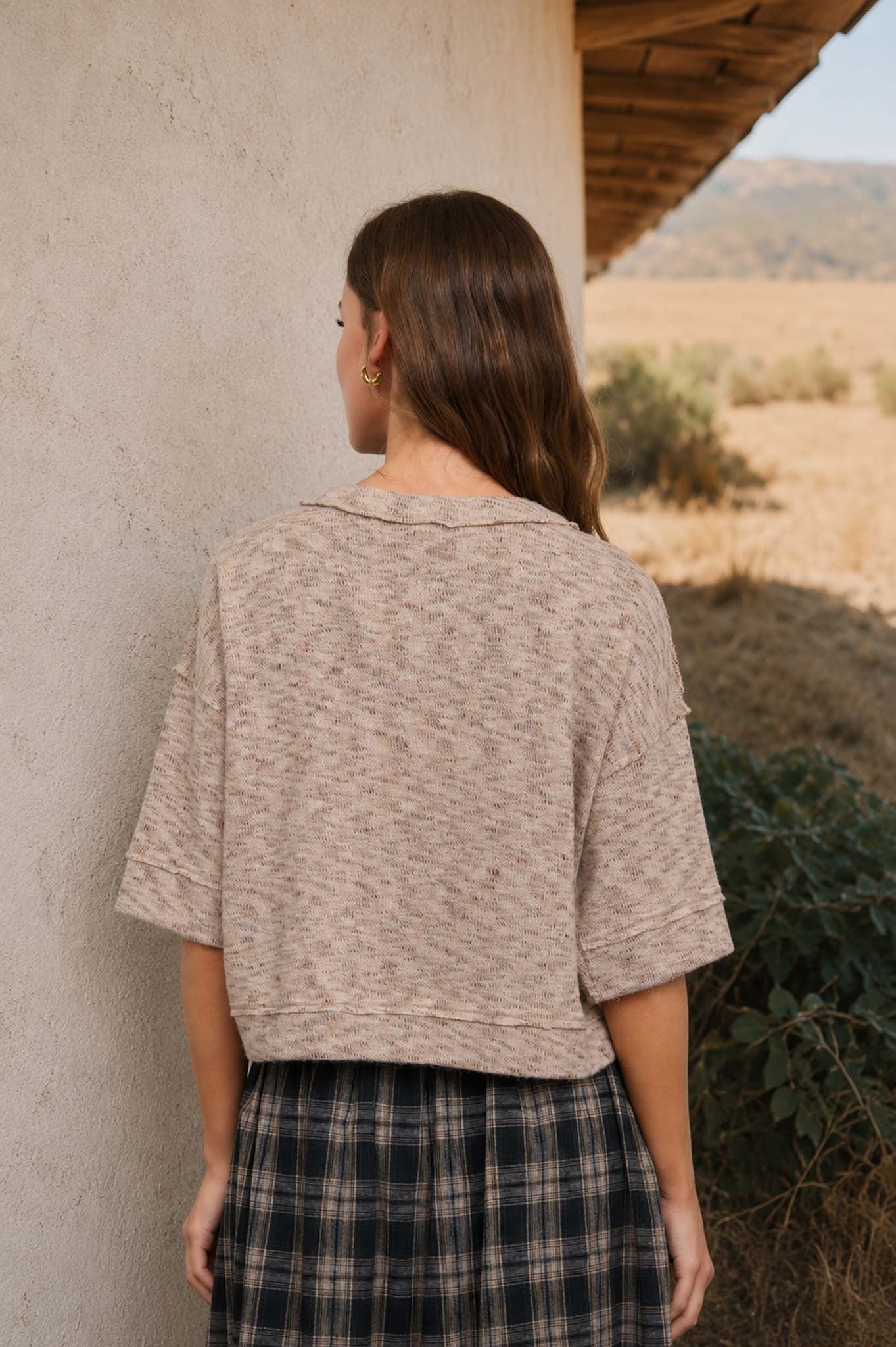 Marled Button Down Short Sleeve Raw Edge Knit Top - Light Taupe