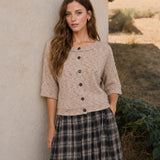 Marled Button Down Short Sleeve Raw Edge Knit Top - Light Taupe