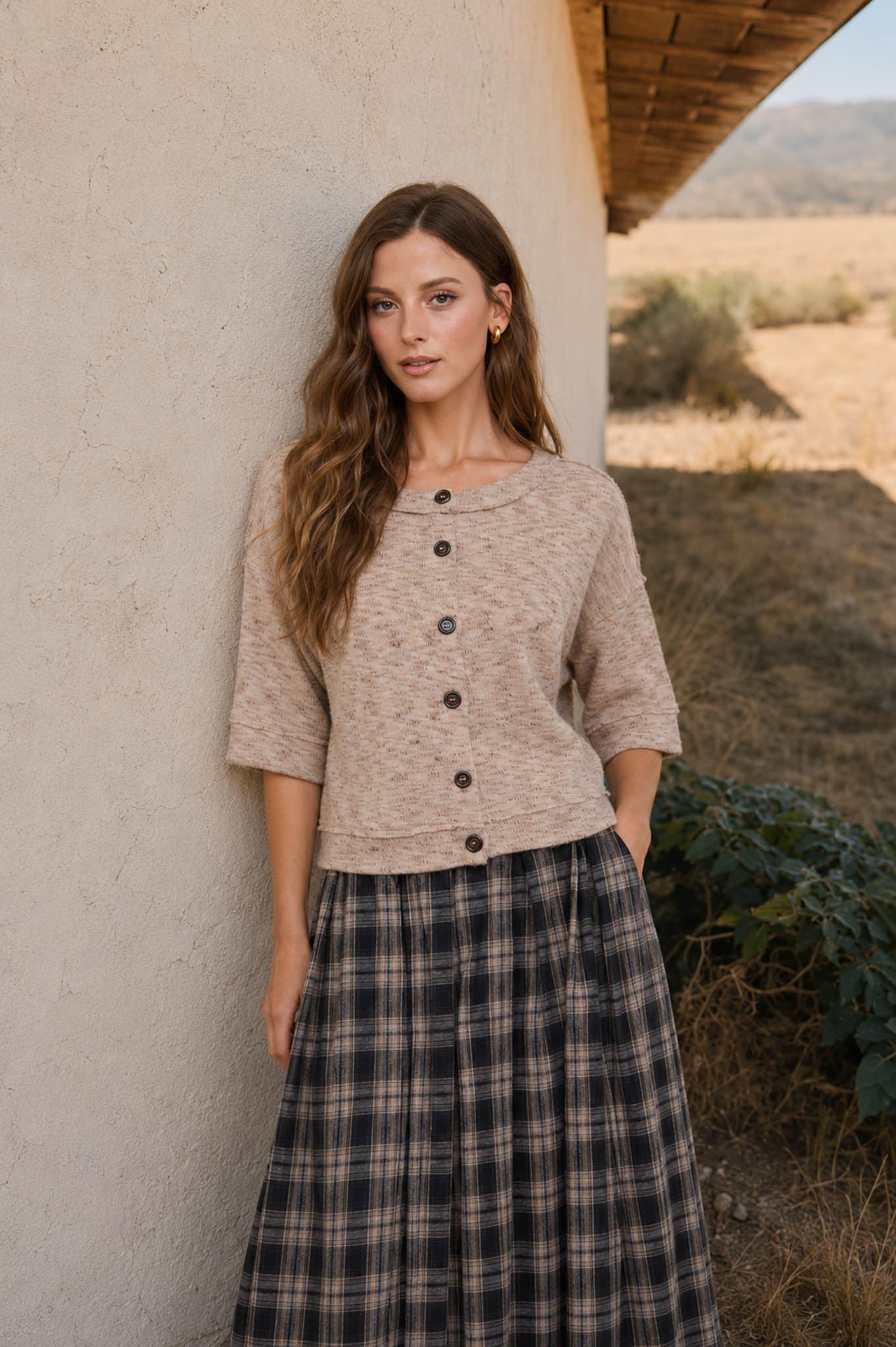 Marled Button Down Short Sleeve Raw Edge Knit Top - Light Taupe