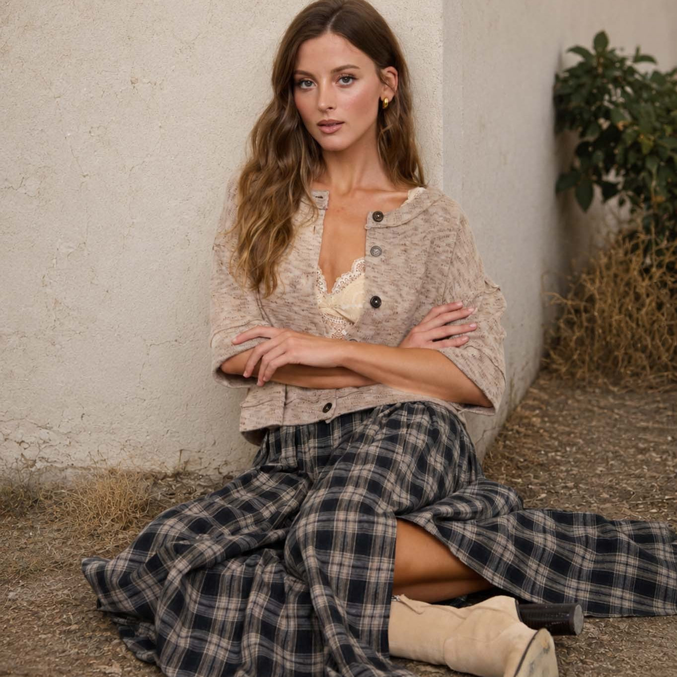 Marled Button Down Short Sleeve Raw Edge Knit Top - Light Taupe