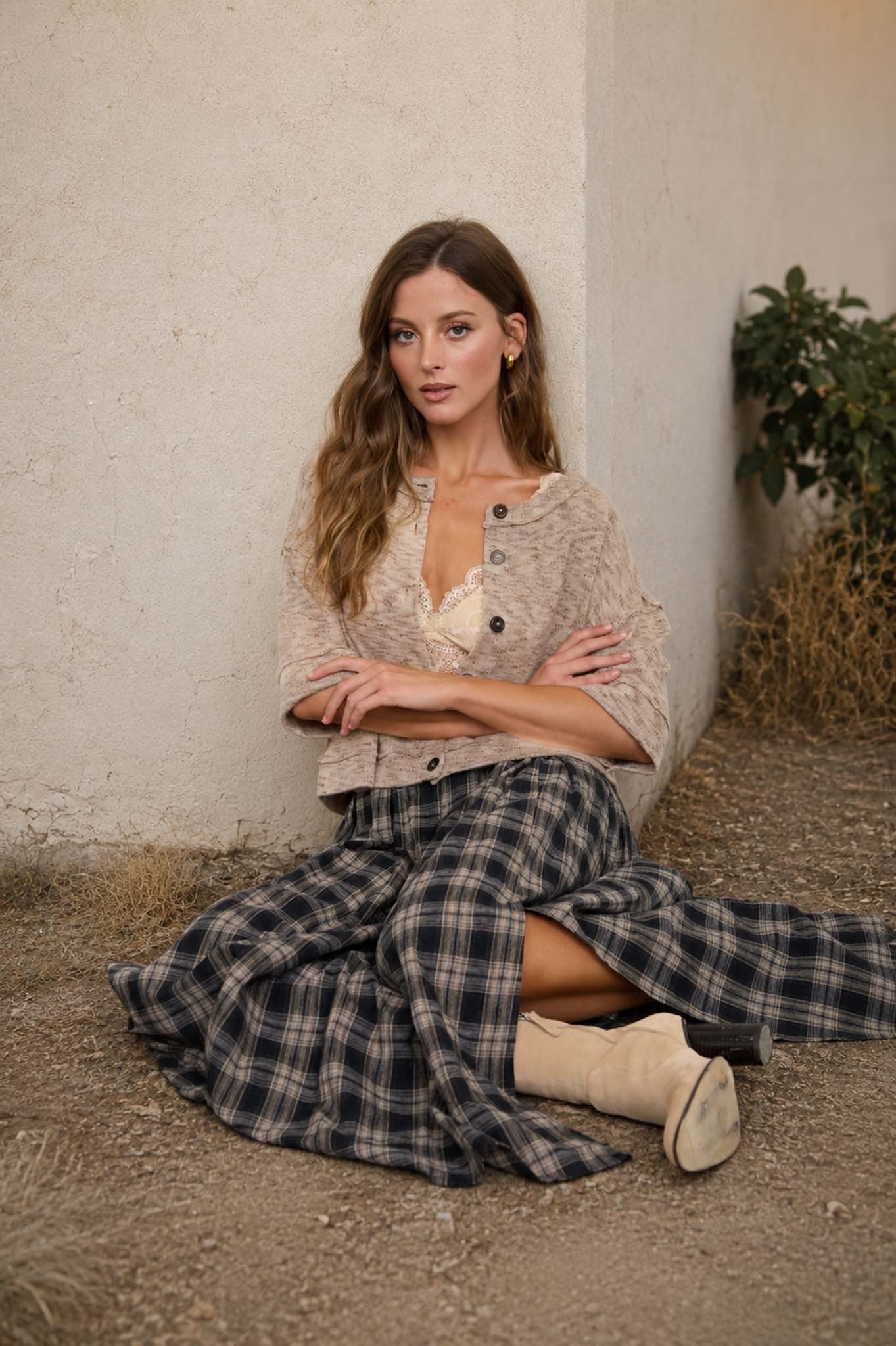 Marled Button Down Short Sleeve Raw Edge Knit Top - Light Taupe