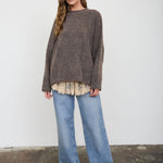 Heathered Checkered Texture Long Sleeve Sweater in Mocha - full-length view with jeans
