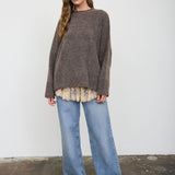 Heathered Checkered Texture Long Sleeve Sweater in Mocha - full-length view with jeans
