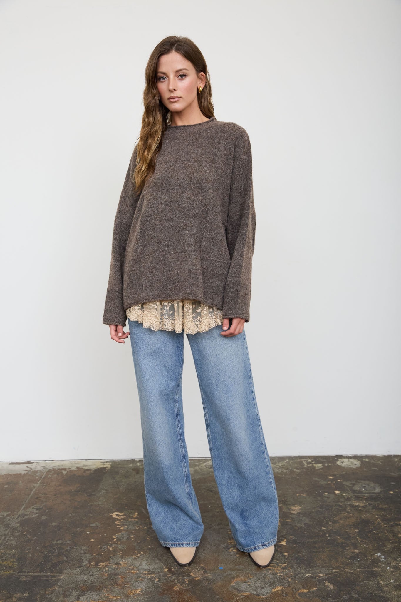 Heathered Checkered Texture Long Sleeve Sweater in Mocha - full-length view with jeans