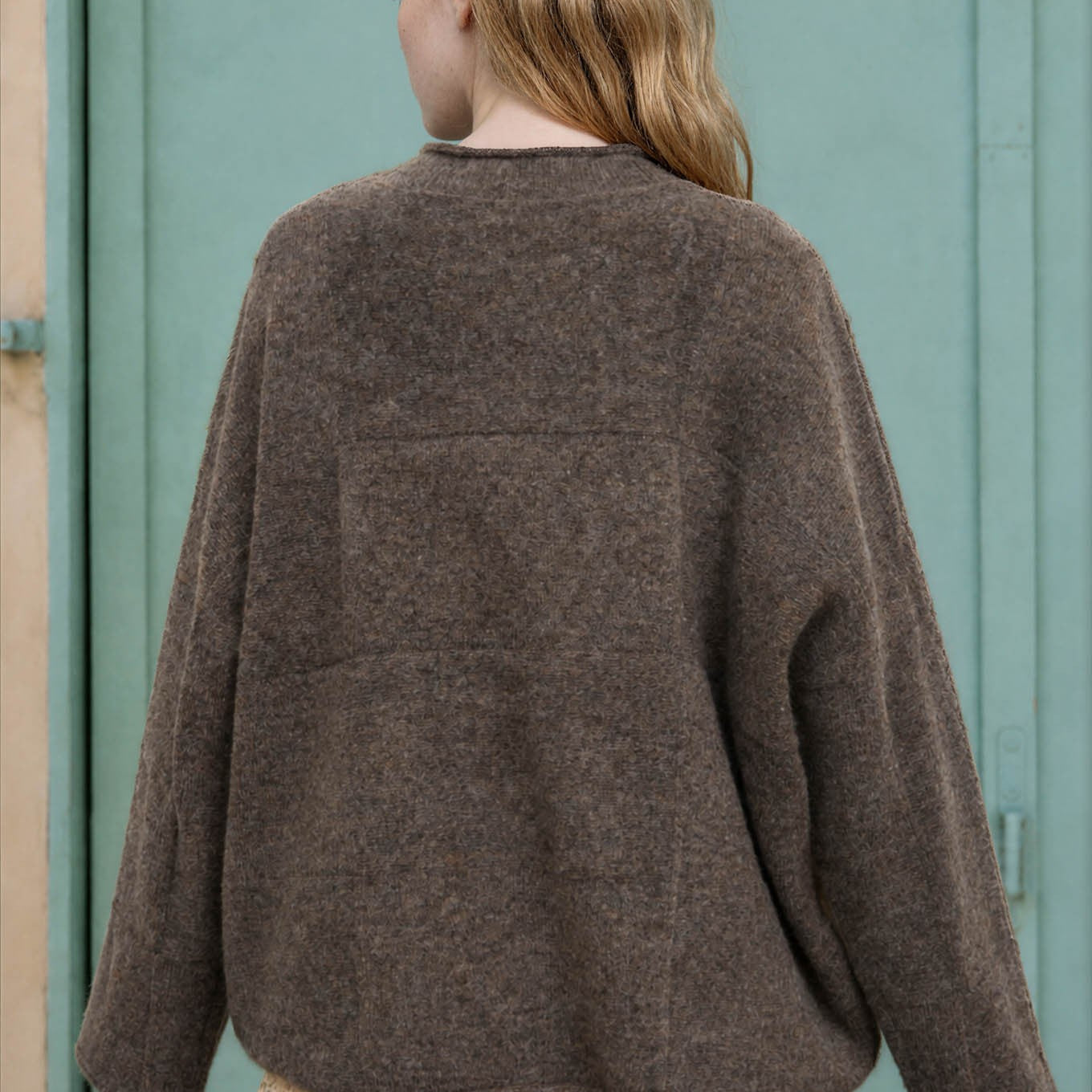 Heathered Checkered Texture Long Sleeve Sweater in Mocha - back view