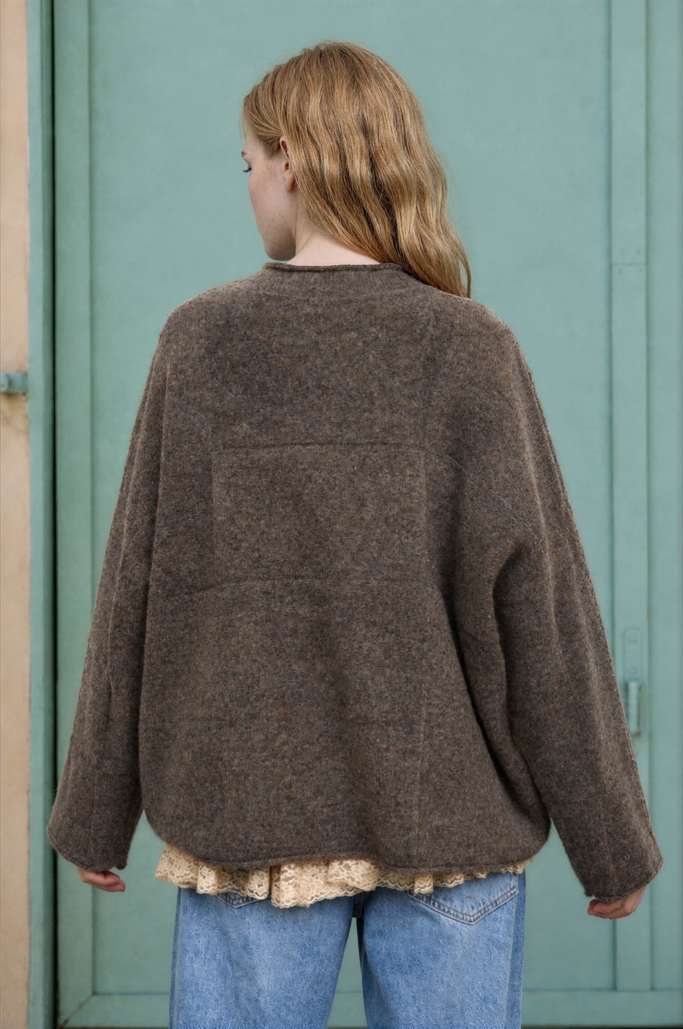 Heathered Checkered Texture Long Sleeve Sweater in Mocha - back view