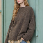 Heathered Checkered Texture Long Sleeve Sweater in Mocha - front view
