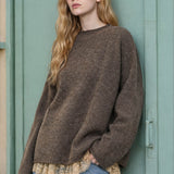 Heathered Checkered Texture Long Sleeve Sweater in Mocha - front view
