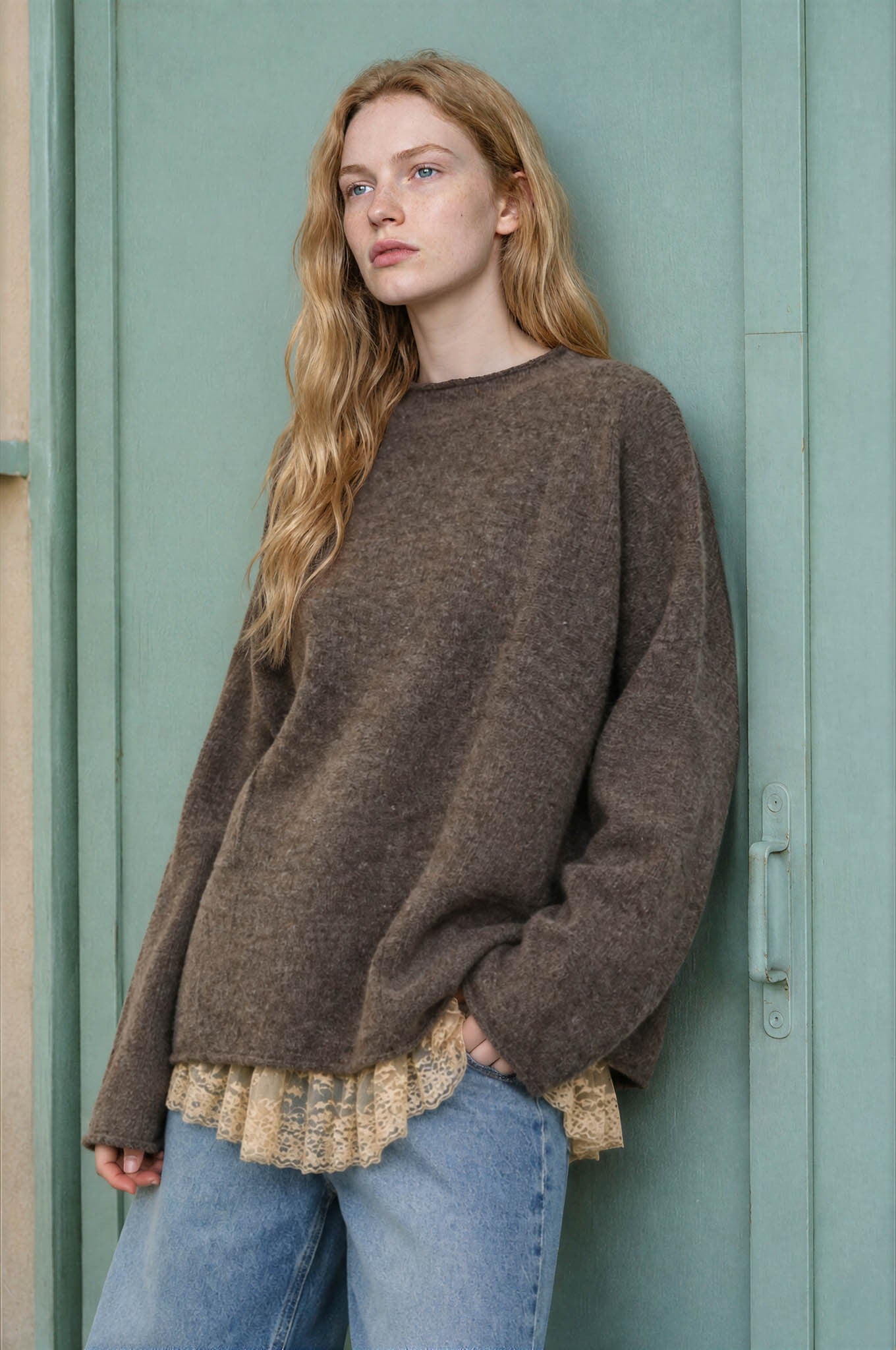 Heathered Checkered Texture Long Sleeve Sweater in Mocha - front view