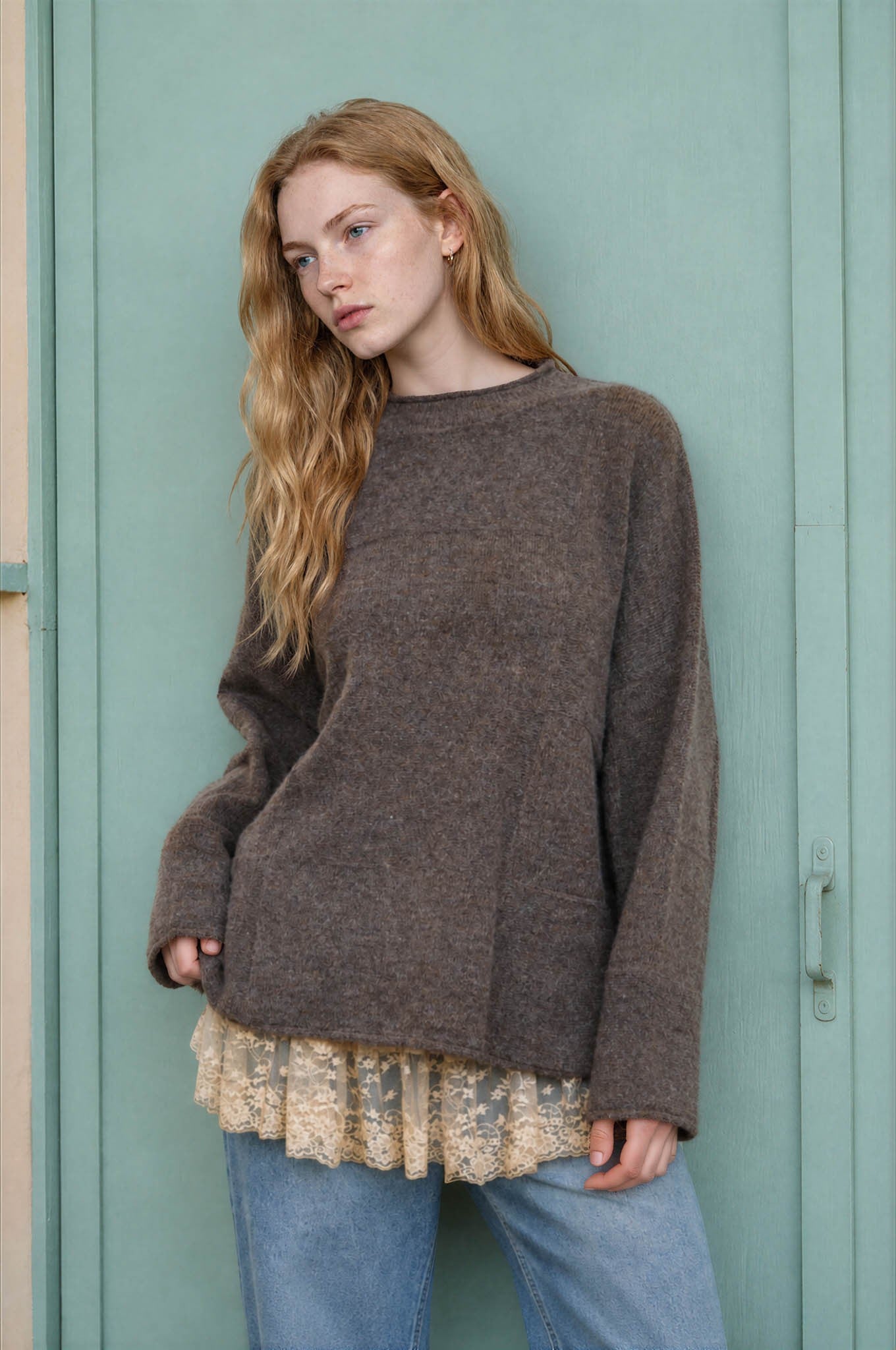 Heathered Checkered Texture Long Sleeve Sweater in Mocha - side view