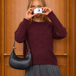 Solid Crewneck Front Seam Knit Sweater in Maroon - front view