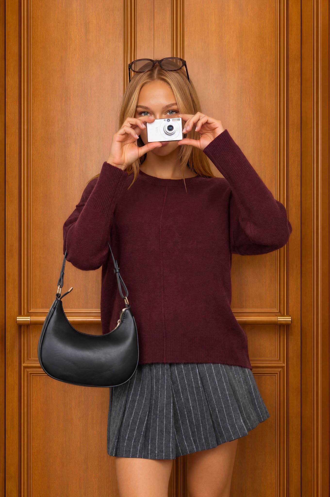 Solid Crewneck Front Seam Knit Sweater in Maroon - front view