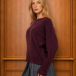 Solid Crewneck Front Seam Knit Sweater in Maroon - side view