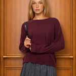 Solid Crewneck Front Seam Knit Sweater in Maroon - front view styled