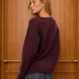 Solid Crewneck Front Seam Knit Sweater in Maroon - back view