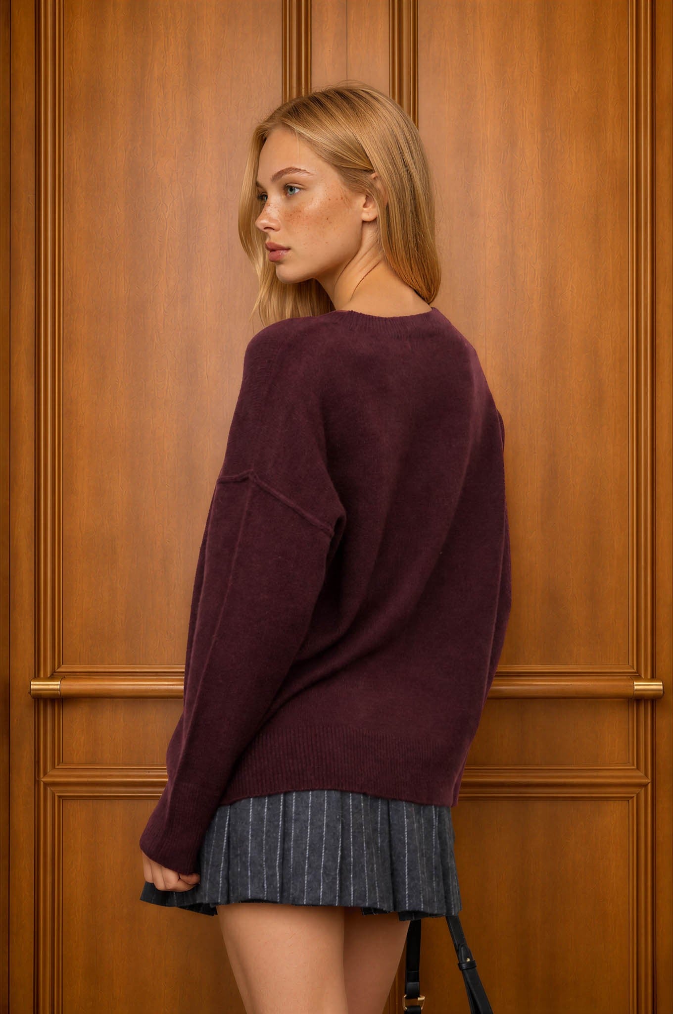 Solid Crewneck Front Seam Knit Sweater in Maroon - back view