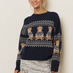 Holiday Bear Motif Crew Neck Knit Sweater in Navy - front view