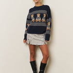 Holiday Bear Motif Crew Neck Knit Sweater in Navy - full-length view