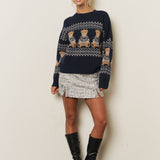 Holiday Bear Motif Crew Neck Knit Sweater in Navy - full-length view